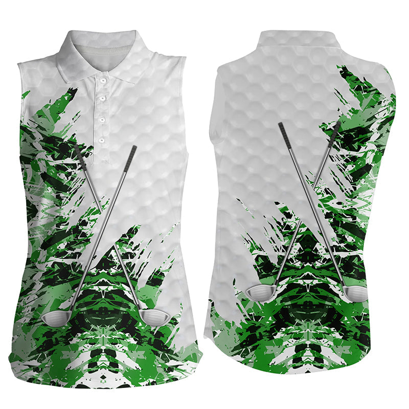 Green camo pattern white Womens sleeveless polo shirts, team ladies golf tops NQS8052