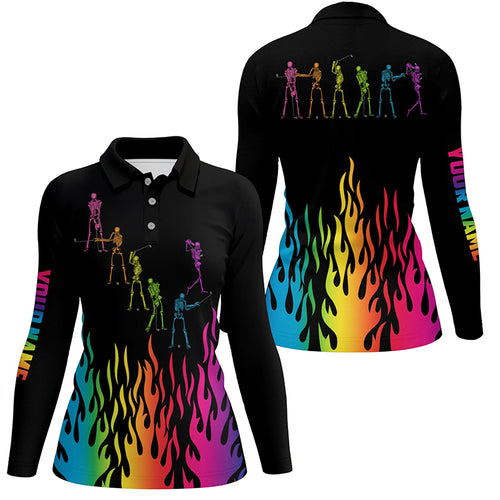 Rainbow flame golf skeleton custom black Women golf polo shirt, golf attire for women NQS6144