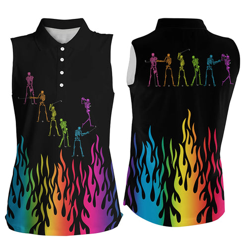 Rainbow flame golf skeleton black Women sleeveless polo shirt, ladies golf sleeveless tops NQS6144