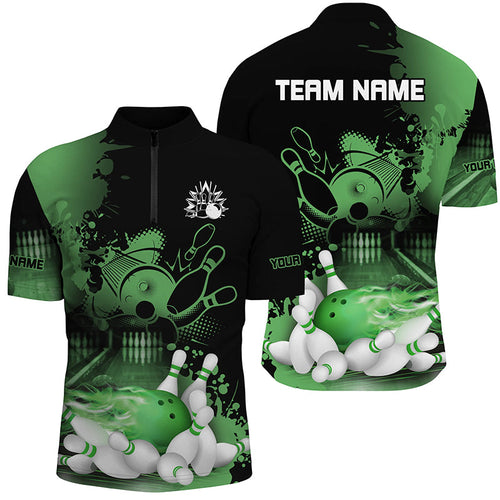 Black and Green Flame Bowling Shirts For Men Custom Bowling Team League Jerseys, Gift For Bowlers NQS8473