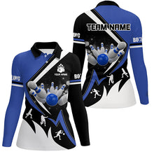 Load image into Gallery viewer, Black, White and Blue Womens Bowling Shirts Custom Bowling Team League Jerseys, Gifts For Bowlers NQS8719