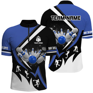 Black, White and Blue Mens Bowling Shirts Custom Bowling Team League Jerseys, Gifts For Bowlers NQS8719