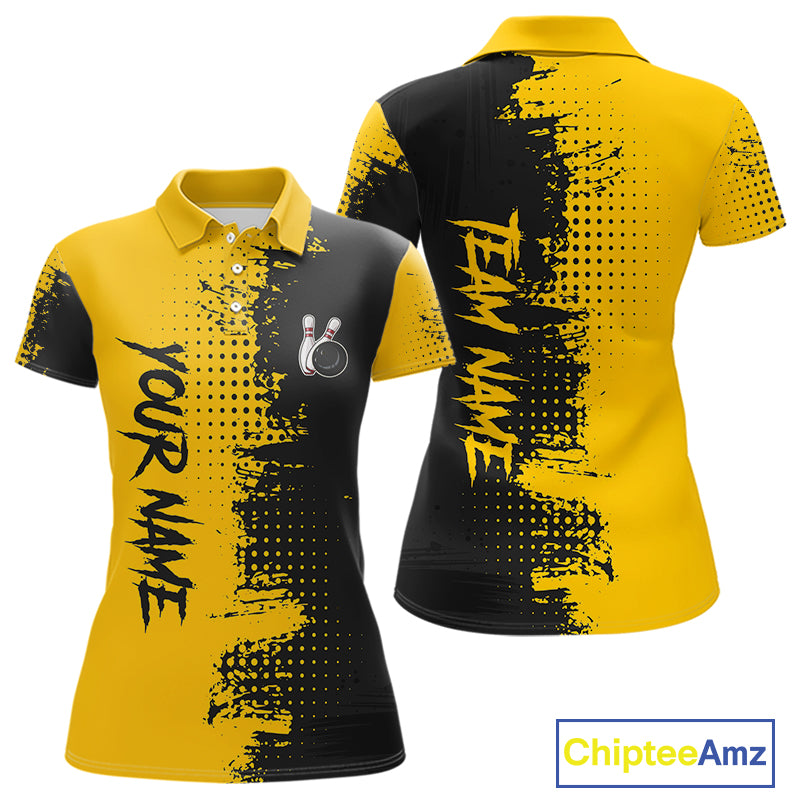 Yellow and Black Bowling Polo, Quarter Zip shirts for Women Custom Bowling Team Jerseys NQS10880