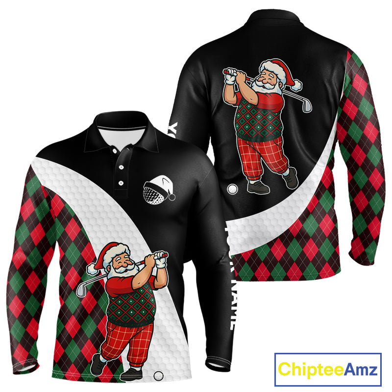 Funny Santa Golf Christmas Mens Polo Shirt green and red argyle pattern Custom Golf outfit For Men NQS11053