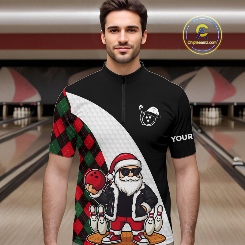 Funny Santa Christmas Bowling Shirts For Men green and red argyle pattern Custom Team Bowling outfit NQS11054
