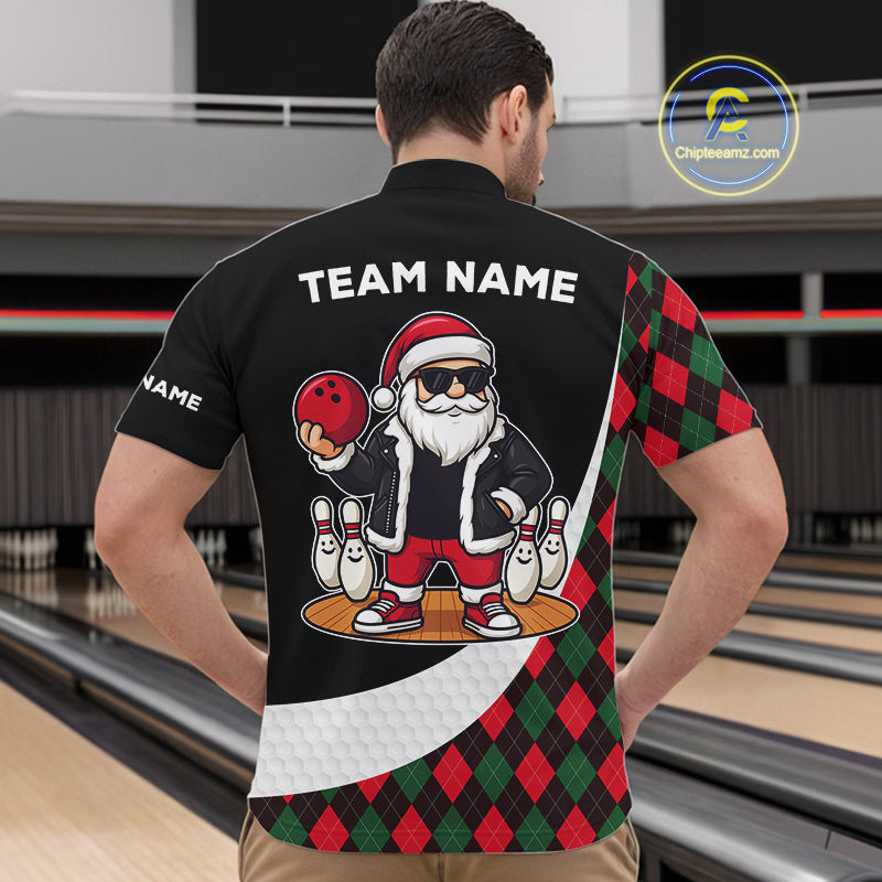 Funny Santa Christmas Bowling Shirts For Men green and red argyle pattern Custom Team Bowling outfit NQS11054