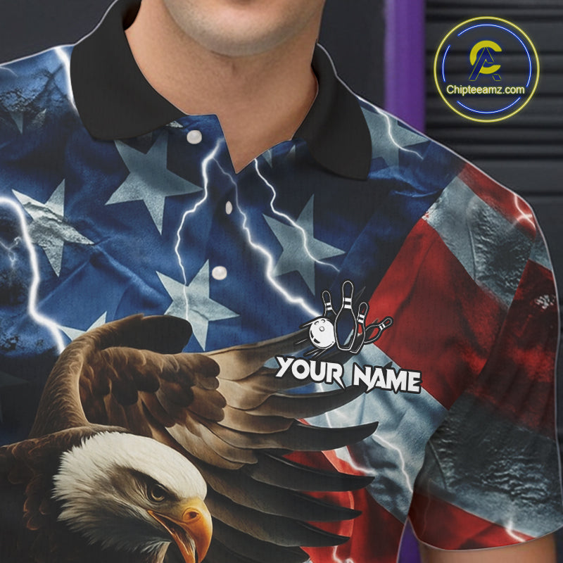 American Flag Eagle Lightning Thunder Bowling Shirts For Men Custom Patriotic Bowling Team Jerseys NQS11059