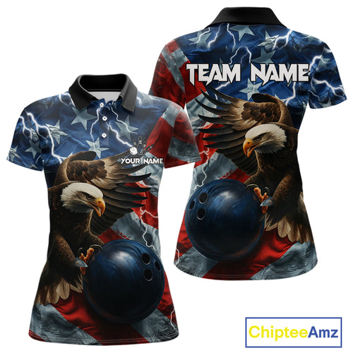 American Flag Eagle Lightning Thunder Bowling Shirts For Women Custom Patriotic Bowling Team Jerseys NQS11059