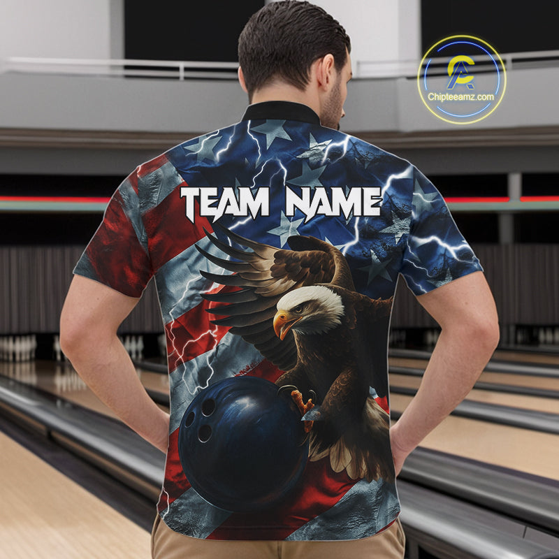 American Flag Eagle Lightning Thunder Bowling Shirts For Men Custom Patriotic Bowling Team Jerseys NQS11059