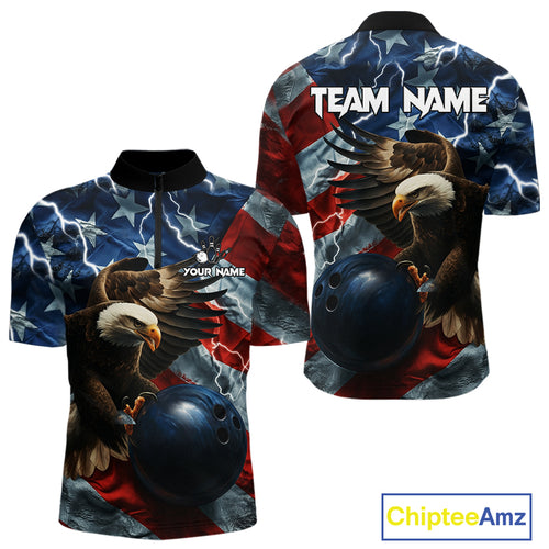 American Flag Eagle Lightning Thunder Bowling Shirts For Men Custom Patriotic Bowling Team Jerseys NQS11059