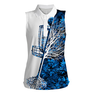 Womens disc golf sleeveless polo shirt blue camo disc golf basket, personalized disc golf shirts NQS4558