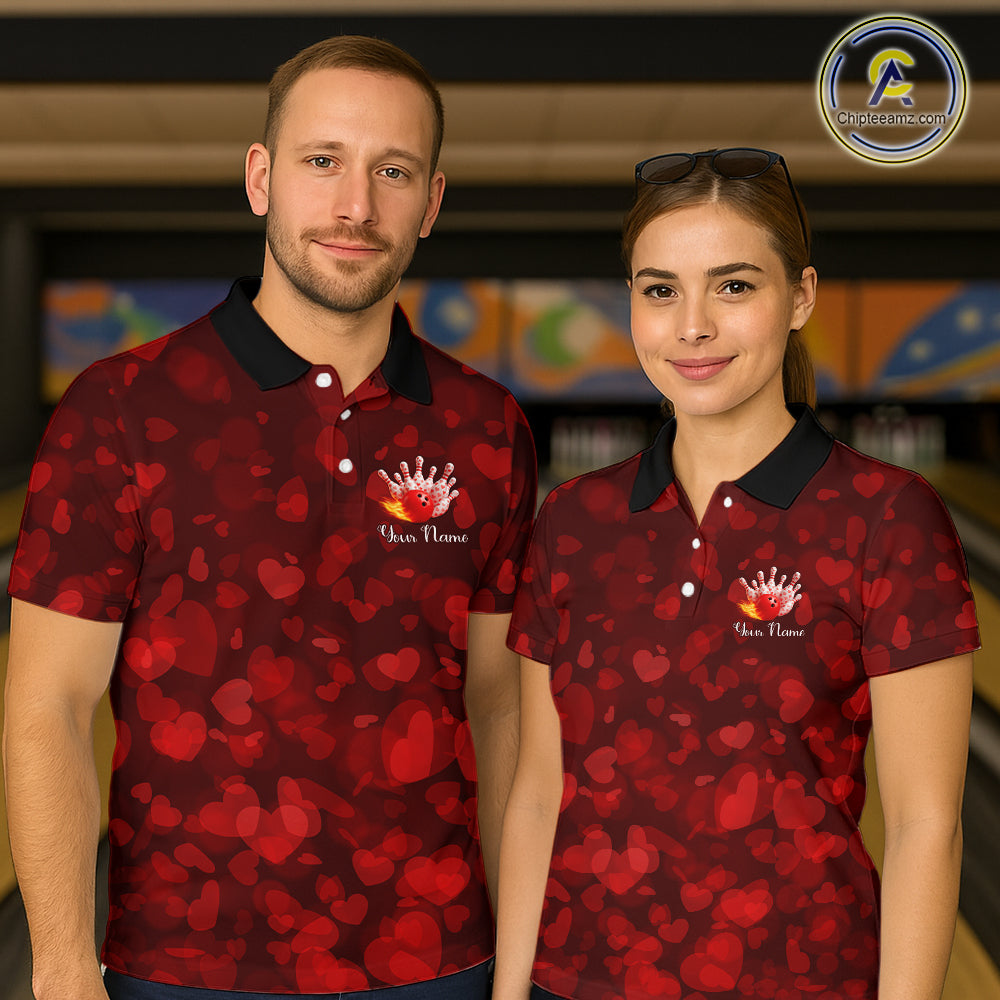 Red Hearts pattern Valentine matching bowling shirts for couples Custom Bowling Couple Outfits NQS11251