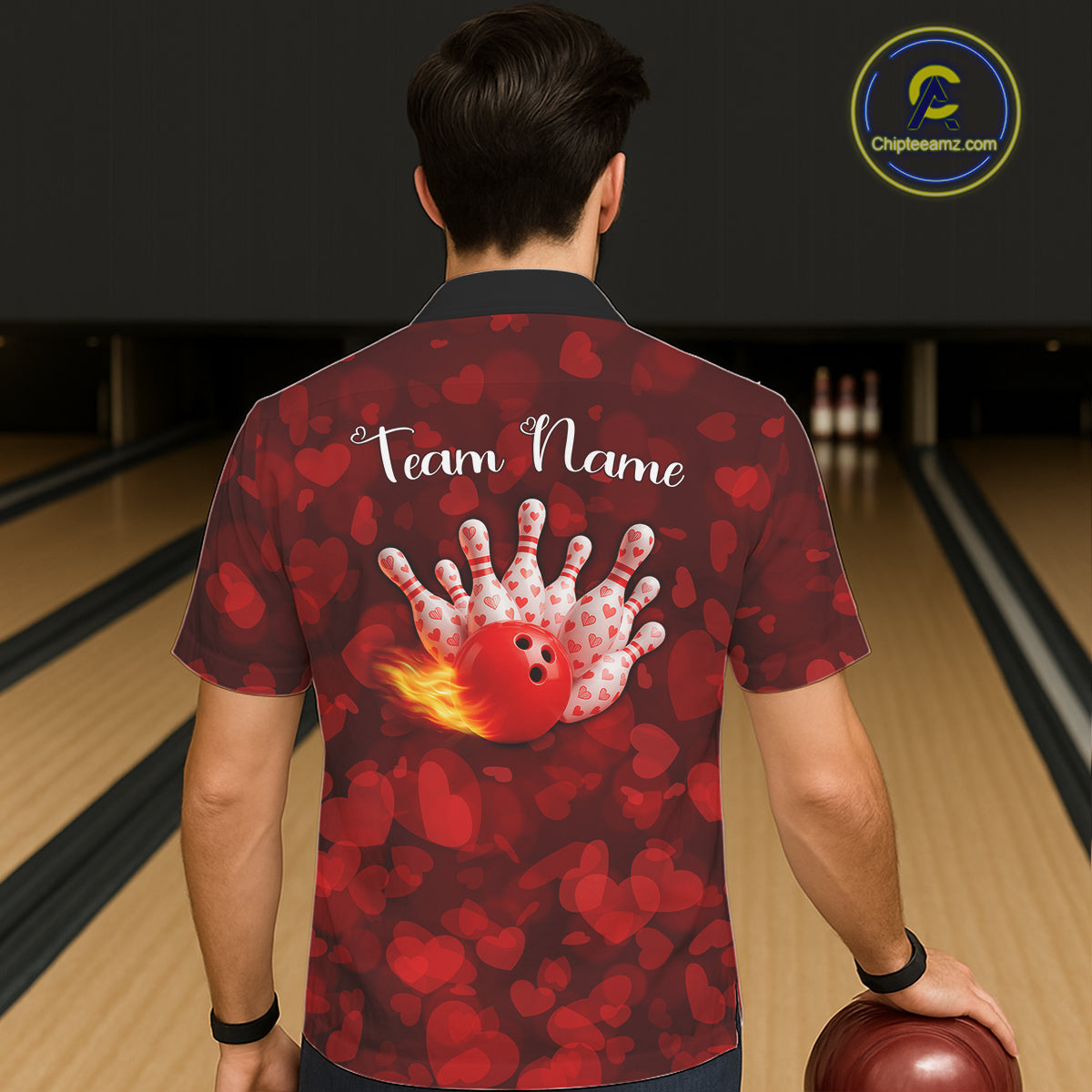 Red Hearts pattern Valentine Bowling Hawaiian shirts Custom Bowling Couple Outfits NQS11251