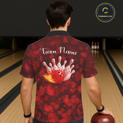 Red Hearts pattern Valentine Bowling Hawaiian shirts Custom Bowling Couple Outfits NQS11251
