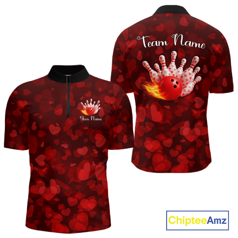 Red Hearts pattern Valentine Bowling Polo, 1/4 zip Shirts For Men Custom Bowling Couple Outfits NQS11251