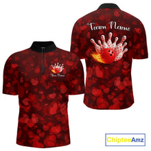 Load image into Gallery viewer, Red Hearts pattern Valentine matching bowling shirts for couples Custom Bowling Couple Outfits NQS11251
