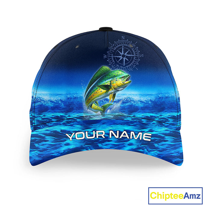 Personalized Mahi Mahi Blue sea fishing hat, compass offshore tournament Angler hat cap NQS11253