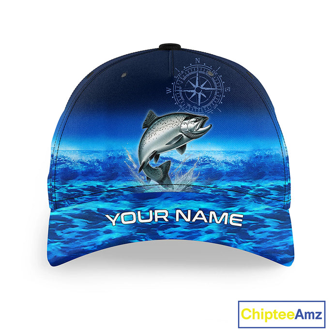 Personalized Salmon Blue sea fishing hat, compass Salmon tournament Angler hat cap NQS11254