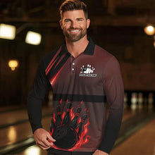 Load image into Gallery viewer, Black And Red Flame Bowling Ball and pins Bowling Shirts For Men Custom Team Bowling Jerseys NQS9387