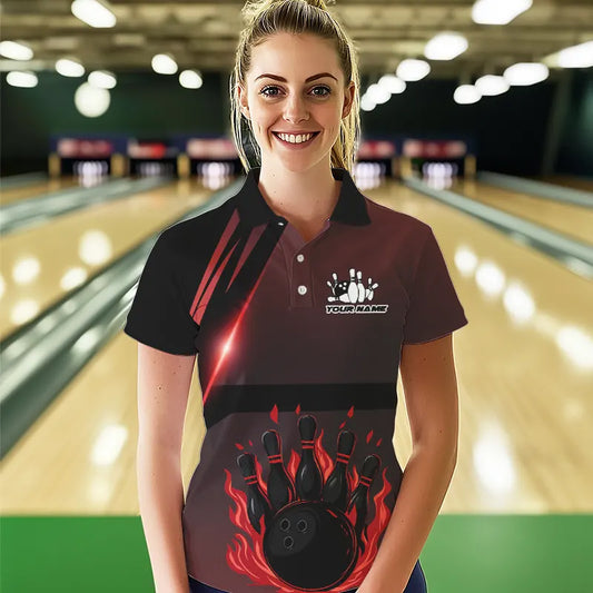 Black And Red Flame Bowling Ball and pins Bowling Shirts For Women Custom Team Bowling Jerseys NQS9387