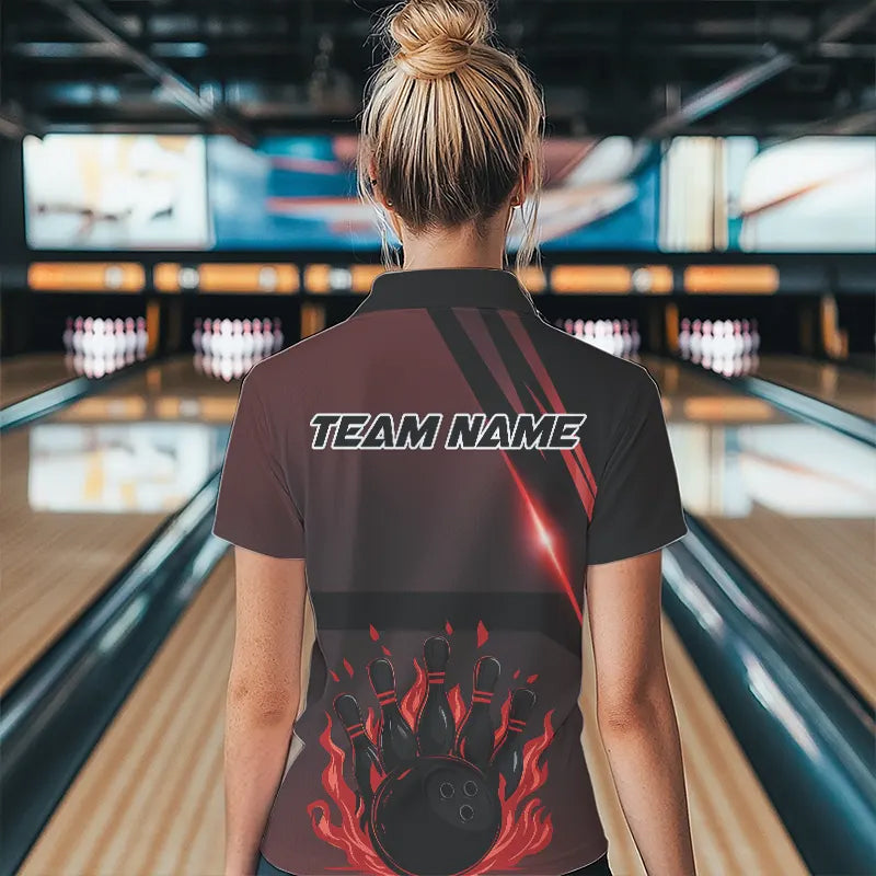 Black And Red Flame Bowling Ball and pins Bowling Shirts For Women Custom Team Bowling Jerseys NQS9387