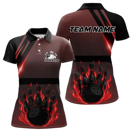 Black And Red Flame Bowling Ball and pins Bowling Shirts For Women Custom Team Bowling Jerseys NQS9387