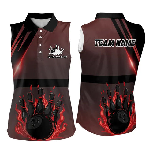 Black And Red Flame Bowling Ball and pins Bowling Sleeveless Polo Shirt Custom Team Bowling Jerseys NQS9387