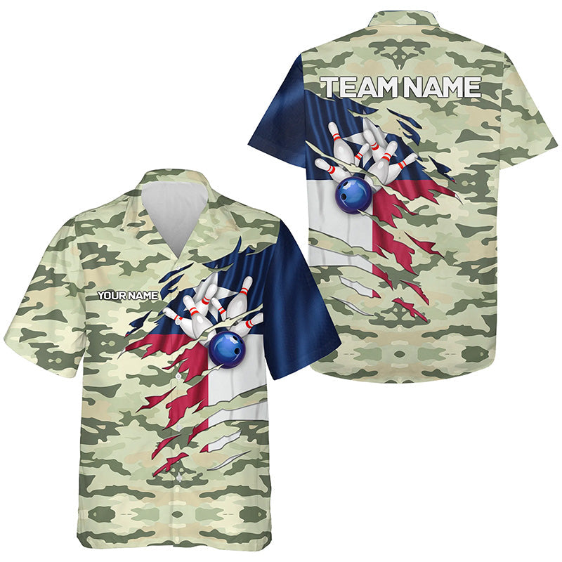 Texas Flag Green Camo Bowling Hawaiian Shirts custom Texas Bowling Team button up shirts NQS9536