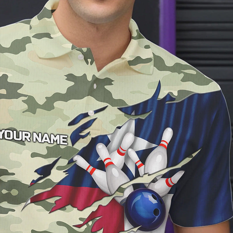 Texas Flag Green Camo Bowling Polo, Quarter Zip shirts for Men custom Texas Bowling Team Jerseys NQS9536