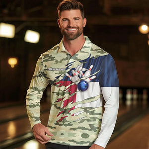 Texas Flag Green Camo Bowling Polo, Quarter Zip shirts for Men custom Texas Bowling Team Jerseys NQS9536