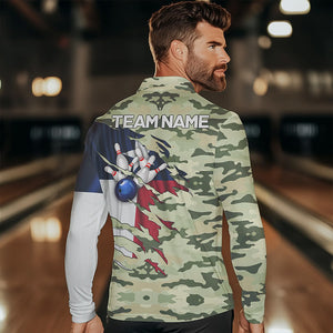 Texas Flag Green Camo Bowling Polo, Quarter Zip shirts for Men custom Texas Bowling Team Jerseys NQS9536
