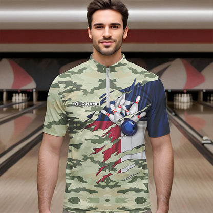 Texas Flag Green Camo Bowling Polo, Quarter Zip shirts for Men custom Texas Bowling Team Jerseys NQS9536