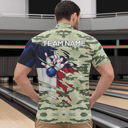 Texas Flag Green Camo Bowling Polo, Quarter Zip shirts for Men custom Texas Bowling Team Jerseys NQS9536