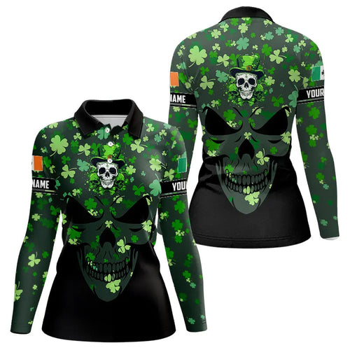 Personalized Green shamrock pattern Skull Women golf polo shirt Custom St Patrick day ladies golf tops NQS9542