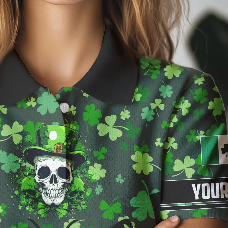 Personalized Green shamrock pattern Skull Women golf polo shirt Custom St Patrick day ladies golf tops NQS9542