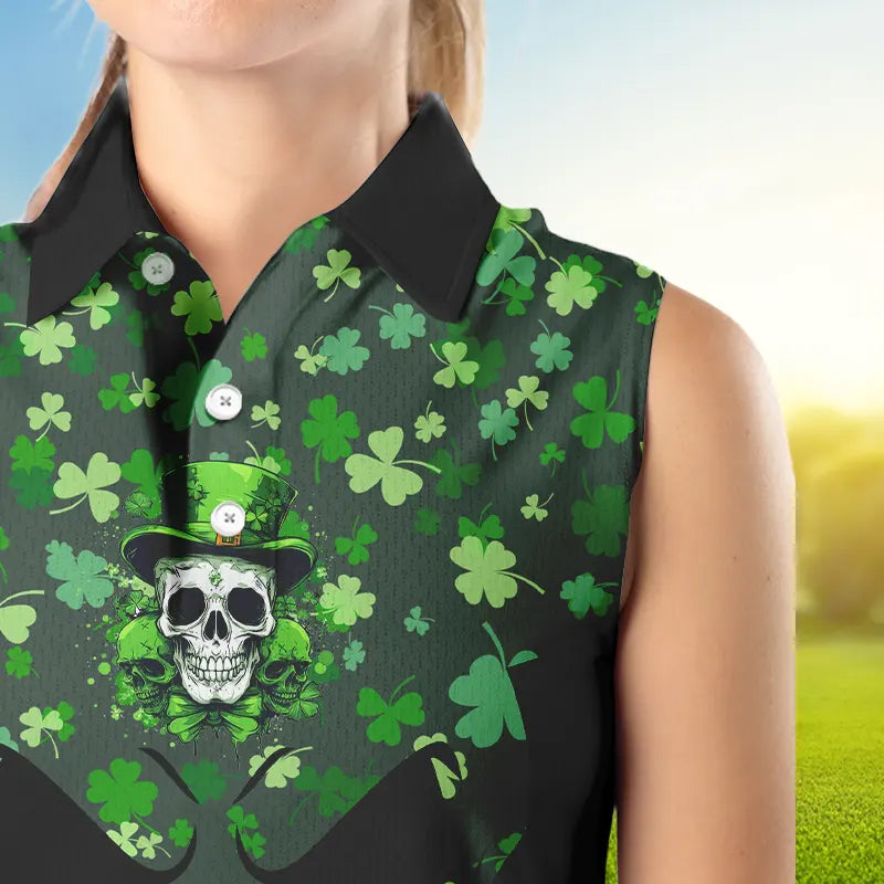 Green shamrock pattern Skull Women sleeveless golf polo shirt St Patrick day ladies golf tops NQS9542