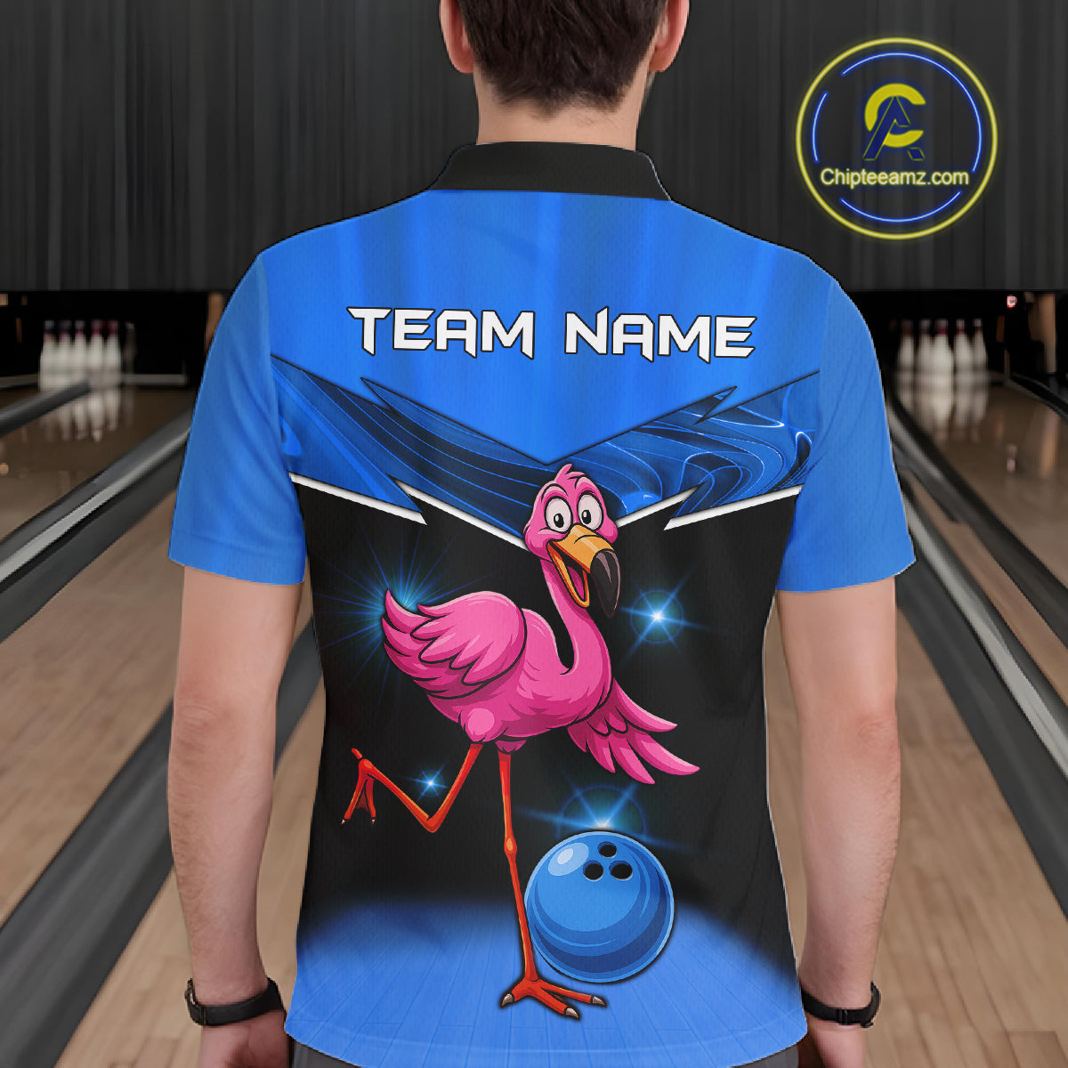 Funny Pink Flamingo Bowling Polo, 1/4 zip shirts for Men Custom Flamingo Team bowling outfit | Blue NQS11653
