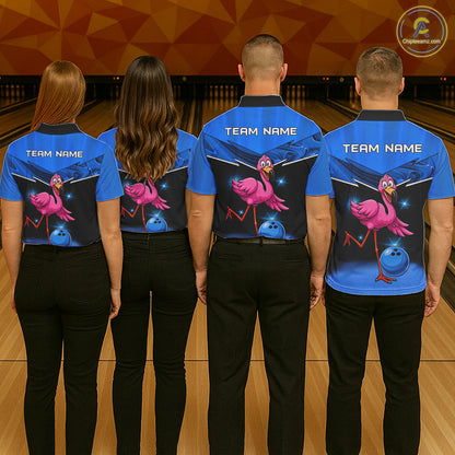 Funny Pink Flamingo Bowling Polo, 1/4 zip shirts for Men Custom Flamingo Team bowling outfit | Blue NQS11653