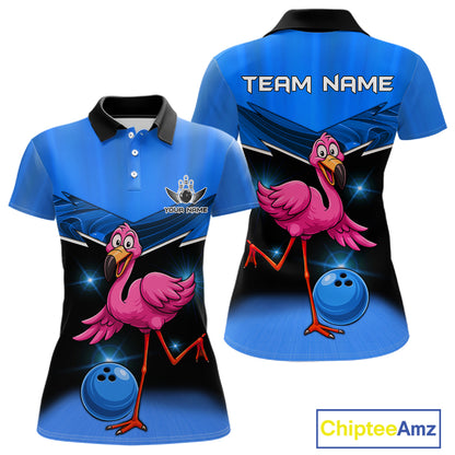 Funny Pink Flamingo Bowling Polo, 1/4 zip shirts for Women Custom Flamingo Team bowling outfit | Blue NQS11653