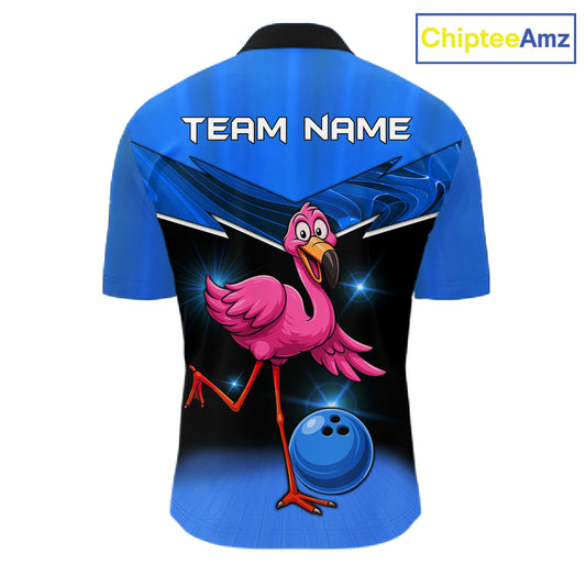 Funny Pink Flamingo Bowling Polo, 1/4 zip shirts for Men Custom Flamingo Team bowling outfit | Blue NQS11653