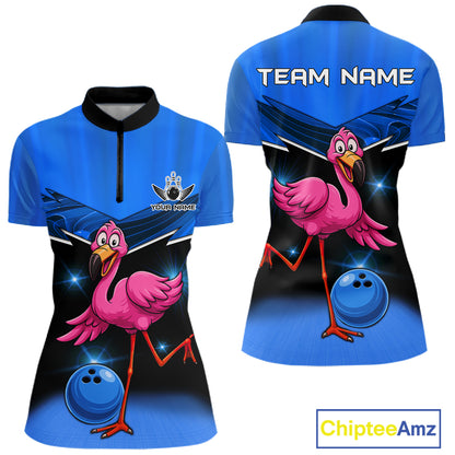 Funny Pink Flamingo Bowling Polo, 1/4 zip shirts for Women Custom Flamingo Team bowling outfit | Blue NQS11653
