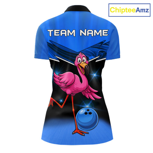 Funny Pink Flamingo Bowling Polo, 1/4 zip shirts for Women Custom Flamingo Team bowling outfit | Blue NQS11653