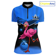 Load image into Gallery viewer, Funny Pink Flamingo Bowling Polo, 1/4 zip shirts for Women Custom Flamingo Team bowling outfit | Blue NQS11653