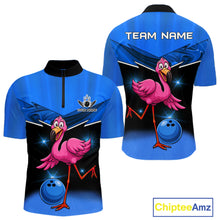 Load image into Gallery viewer, Funny Pink Flamingo Bowling Polo, 1/4 zip shirts for Men Custom Flamingo Team bowling outfit | Blue NQS11653