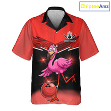 Load image into Gallery viewer, Funny Pink Flamingo Bowling Hawaiian Shirt Custom Flamingo Team bowling button-up shirt | Red NQS11654