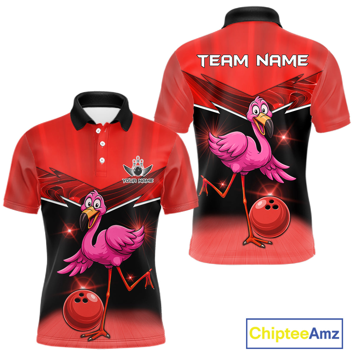 Funny Pink Flamingo Bowling Polo, 1/4 zip shirts for Men Custom Flamingo Team bowling outfit | Red NQS11654