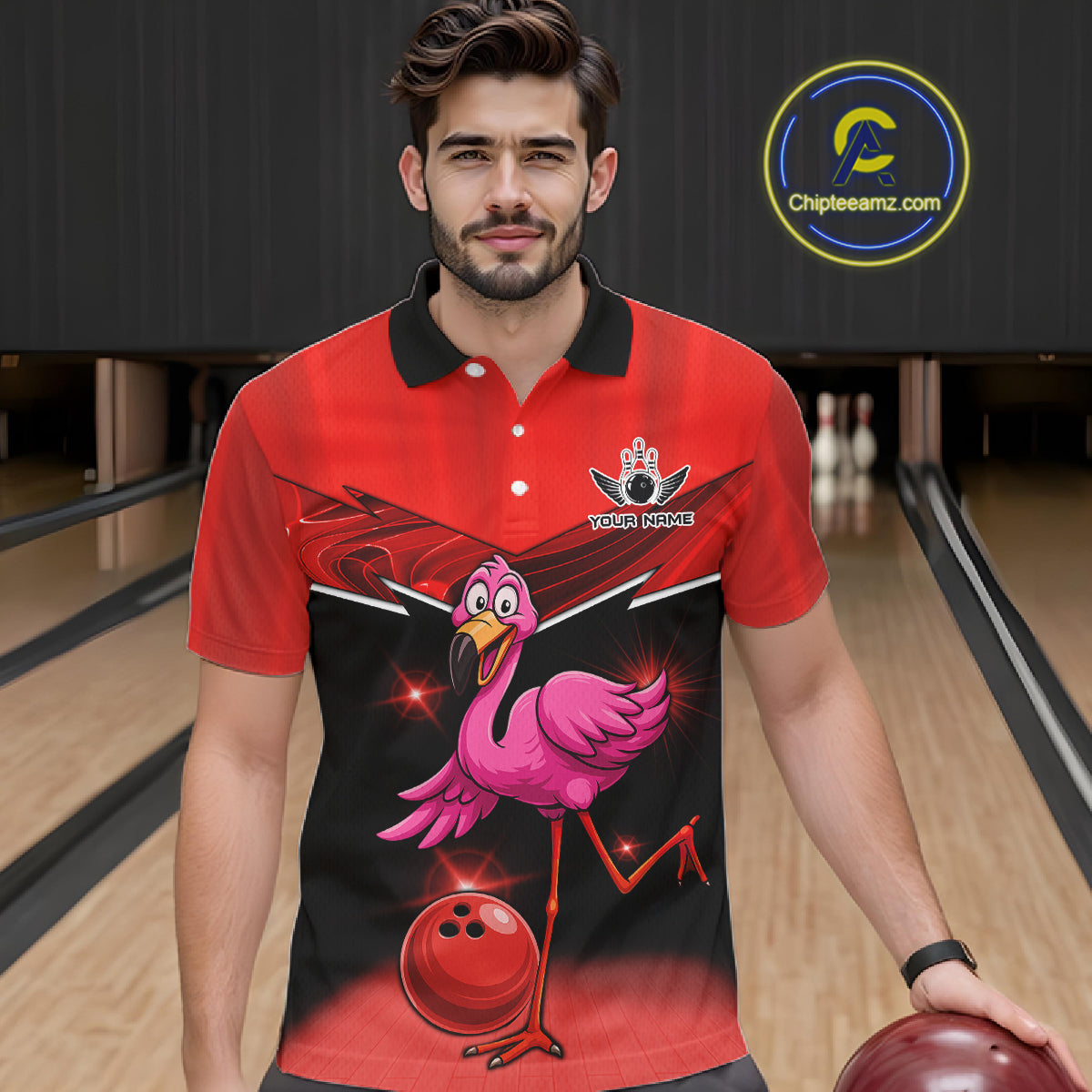 Funny Pink Flamingo Bowling Polo, 1/4 zip shirts for Men Custom Flamingo Team bowling outfit | Red NQS11654