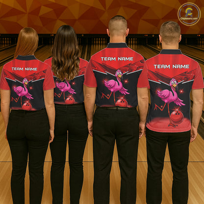 Funny Pink Flamingo Bowling Polo, 1/4 zip shirts for Men Custom Flamingo Team bowling outfit | Red NQS11654