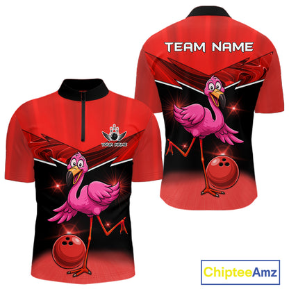 Funny Pink Flamingo Bowling Polo, 1/4 zip shirts for Men Custom Flamingo Team bowling outfit | Red NQS11654