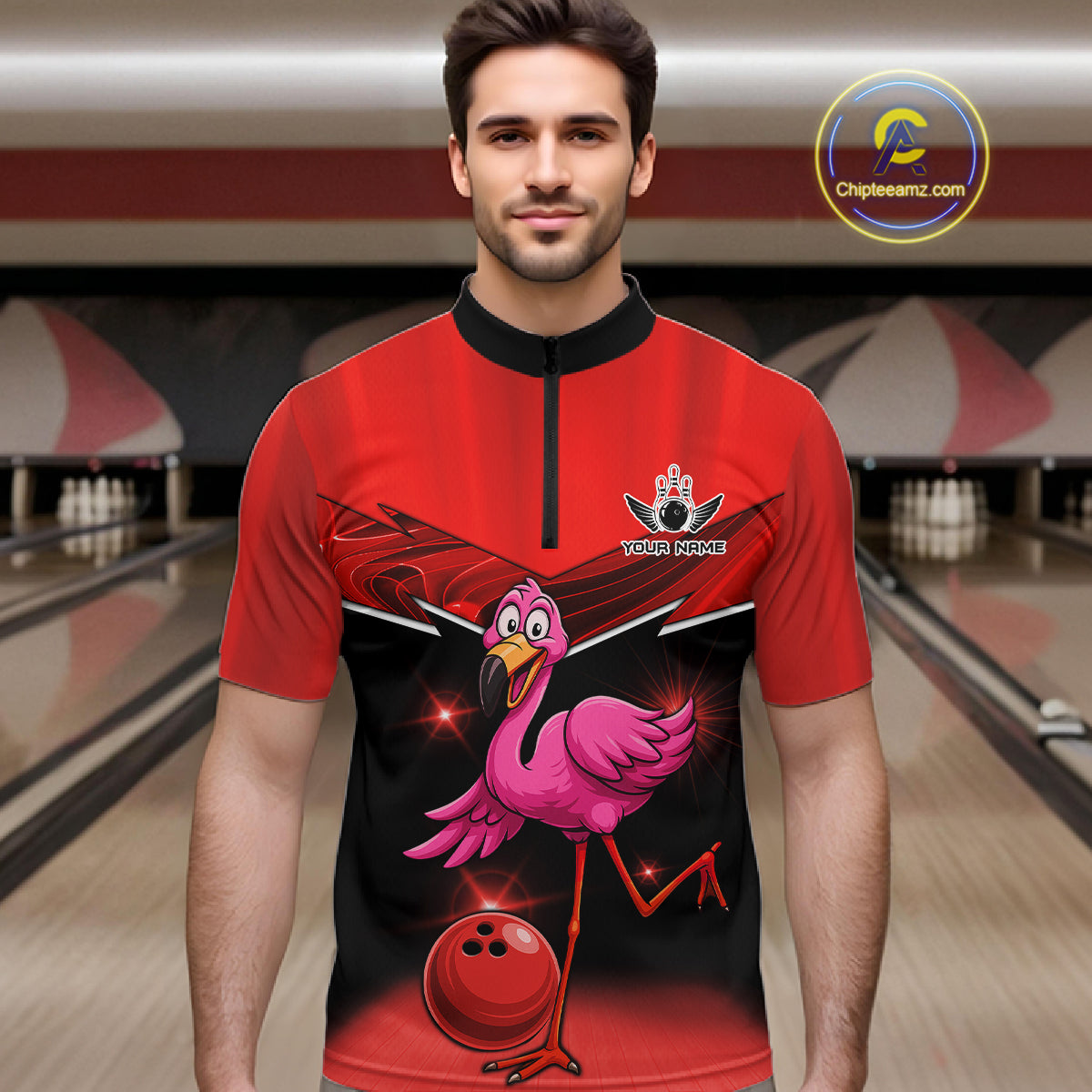 Funny Pink Flamingo Bowling Polo, 1/4 zip shirts for Men Custom Flamingo Team bowling outfit | Red NQS11654